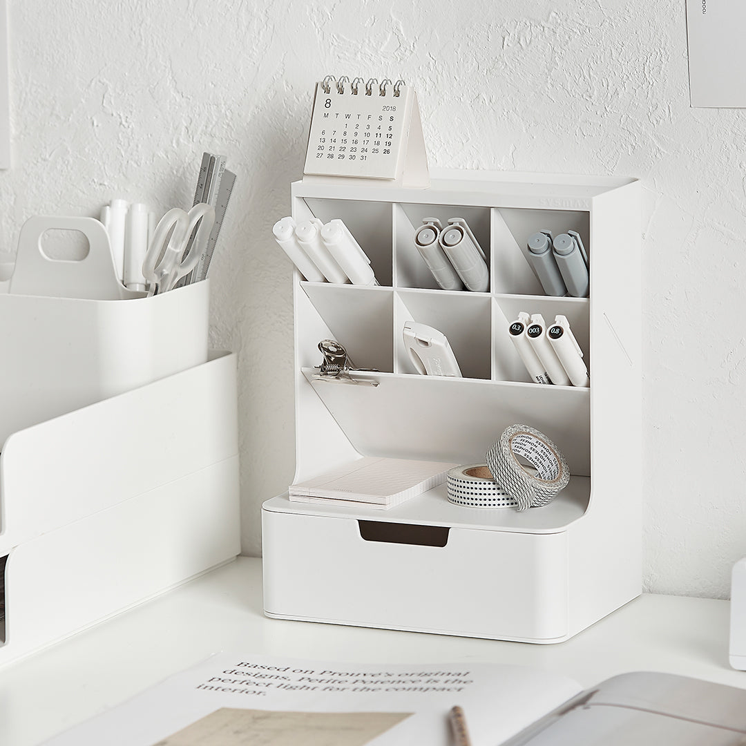 Sysmax | Hive Desk Organizer with 6 Compartments |1 Drawer| White| For Office &amp; Home