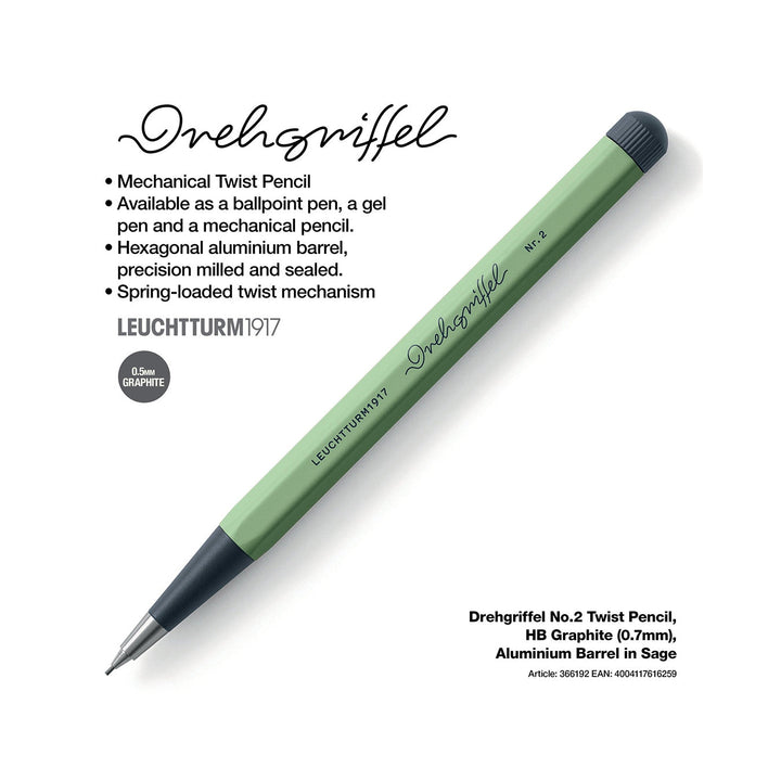 LEUCHTTURM1917 0.7mm Mechanical Clutch Pencil | Graphite HB Lead | Drehgriffel No. 2 | Sage Green | Twist Mechanism