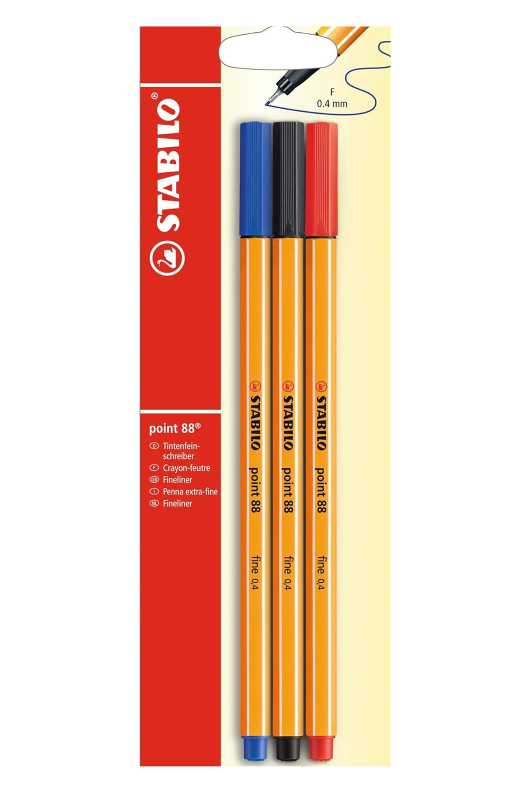 Stabilo point 88 pen packaging with three pens in red, blue, and black on a white background.