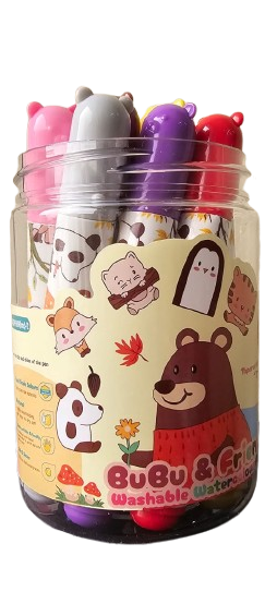 Jar of colorful washable markers with cartoon designs on a white background
