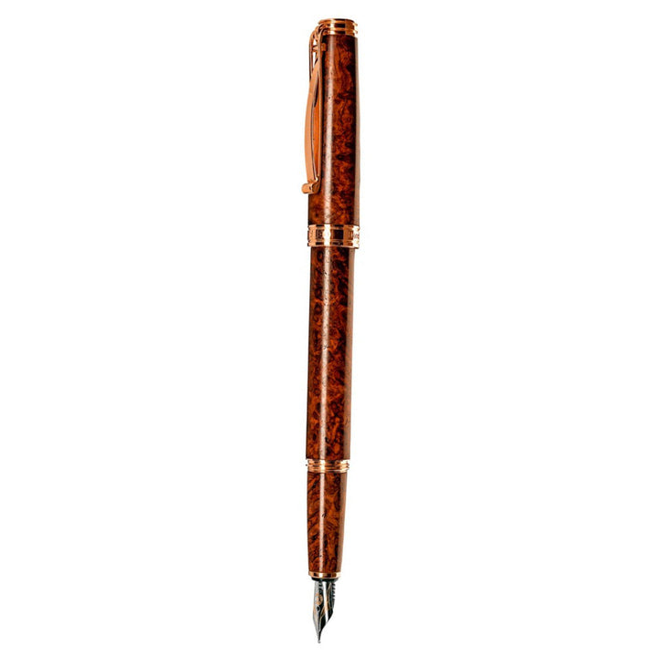 Cleo Skribent | Natura | Fountain Ink Pen with Ink Pot | 18K Gold Bicolour Nib | Amboyna Burl Body of Hardwood | Rose Gold-Plated Trims
