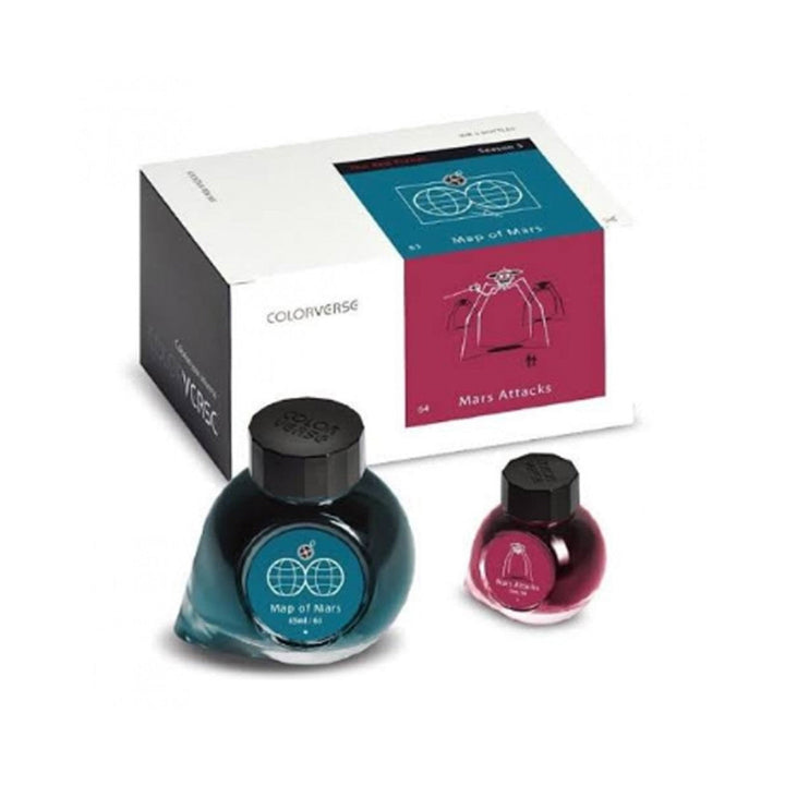 Colorverse  Fountain Pen Ink | The Red Planet | Map Of Mars | Turquoise &amp; Pink | 65ml &amp; 15ml | 2 Bottle Set
