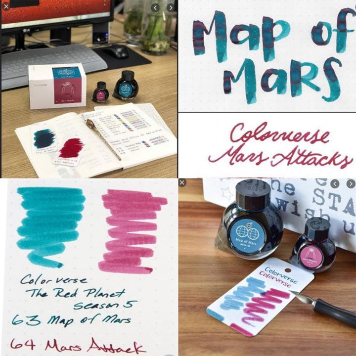 Colorverse  Fountain Pen Ink | The Red Planet | Map Of Mars | Turquoise &amp; Pink | 65ml &amp; 15ml | 2 Bottle Set