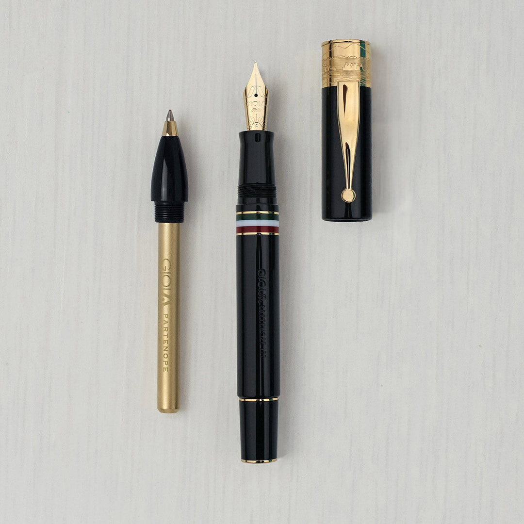Gioia | Fountain Pen &amp; Rollerball Pen | Partenope | Black | Gold Trims