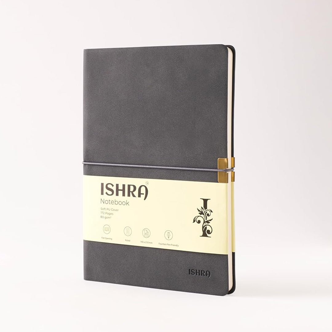 ISHRA A5 Size Ruled Notebook | Ideal Note Book Journal Diary for Work Office Writing Journaling Note Taking Travel | Dark Grey Soft Cover| 172 Pages | 80gsm | Fountain Pen Friendly Paper - penpencilink