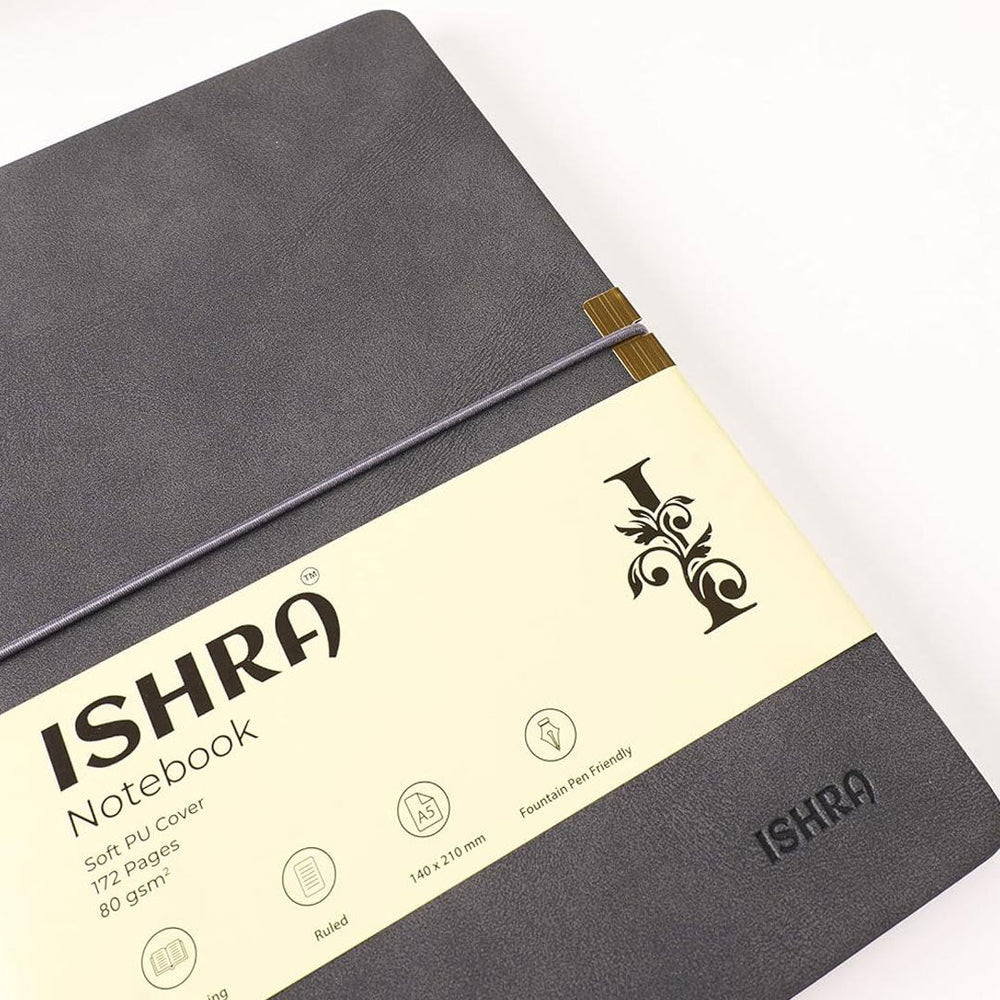 ISHRA A5 Size Ruled Notebook | Ideal Note Book Journal Diary for Work Office Writing Journaling Note Taking Travel | Dark Grey Soft Cover| 172 Pages | 80gsm | Fountain Pen Friendly Paper - penpencilink