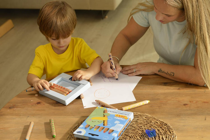 Jovi My First 6 Extra Thick Coloured Pencils for Children (12+ Months) with Sharpener – 4 - in - 1 Assorted Colours - Aarcaai