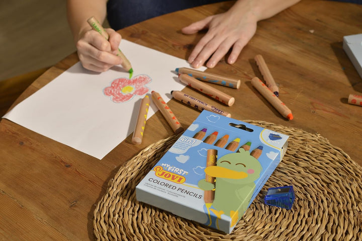 Jovi My First 6 Extra Thick Coloured Pencils for Children (12+ Months) with Sharpener – 4 - in - 1 Assorted Colours - Aarcaai