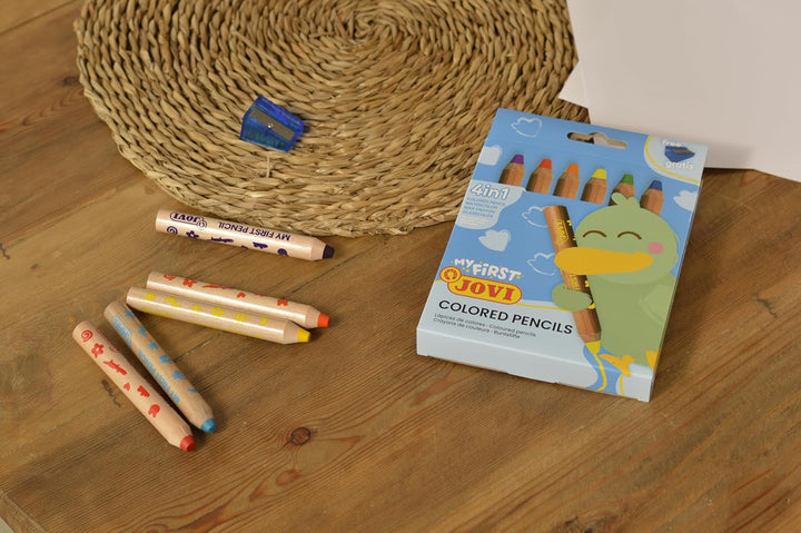 Jovi My First 6 Extra Thick Coloured Pencils for Children (12+ Months) with Sharpener – 4 - in - 1 Assorted Colours - Aarcaai
