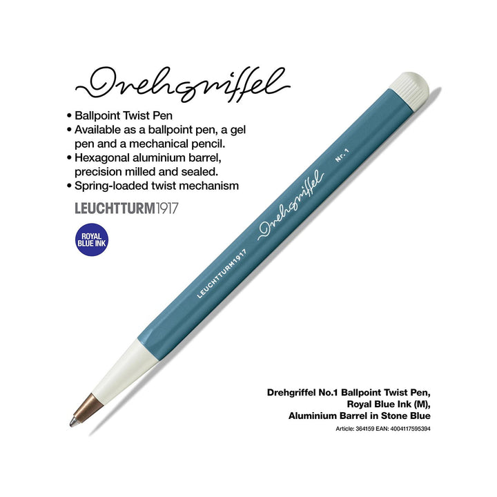 LEUCHTTURM1917 Ball Point Pen with Royal Blue Ink | Drehgriffel No. 1 | Stone Blue | Twist Mechanism