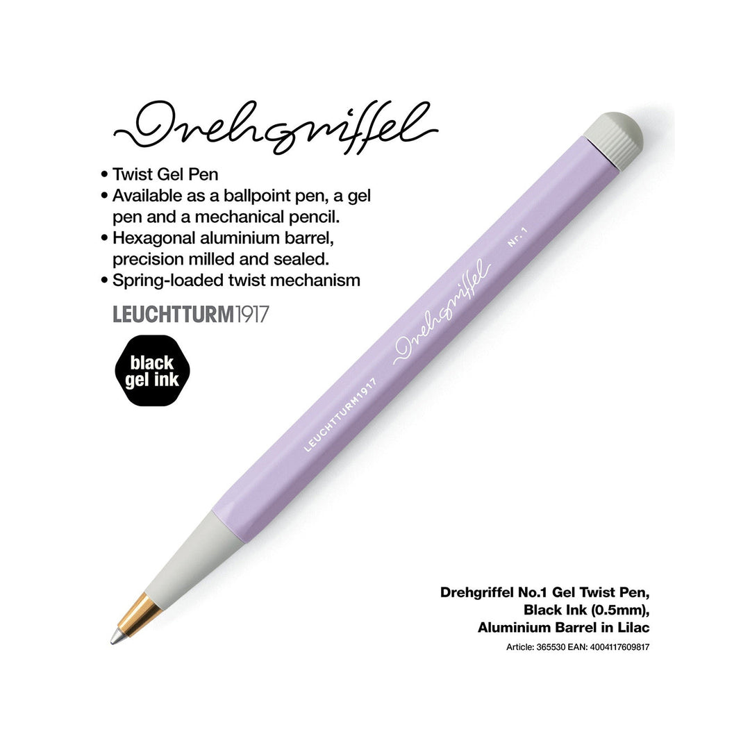LEUCHTTURM1917 Gel Pen with Document Proof Black Ink | Drehgriffel No. 1 | Lilac| Twist Mechanism