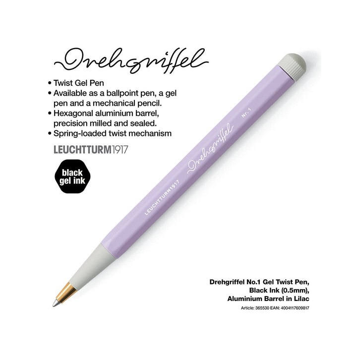 LEUCHTTURM1917 Gel Pen with Document Proof Black Ink | Drehgriffel No. 1 | Lilac| Twist Mechanism