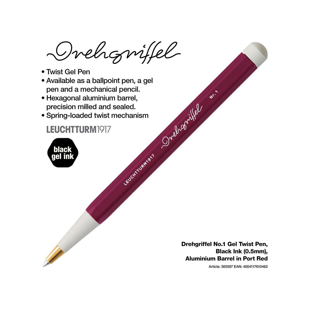 LEUCHTTURM1917 Gel Pen with Document Proof Black Ink | Drehgriffel No. 1 |Port Red| Twist Mechanism