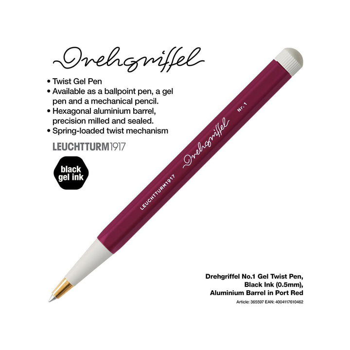 LEUCHTTURM1917 Gel Pen with Document Proof Black Ink | Drehgriffel No. 1 |Port Red| Twist Mechanism