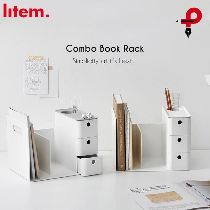 Litem | Combo Book Rack with 3 Drawers| 2 Bookshelf| 1 Pen Stand | Cool Grey