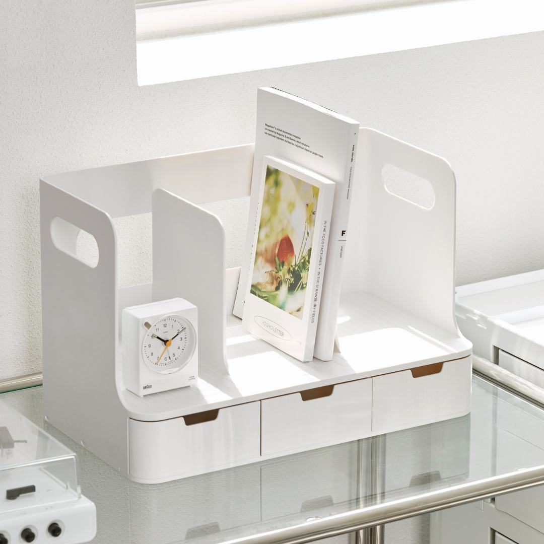Sysmax | Olio Book Rack with 3 Compartments | 3  Drawers | Organiser| Beige