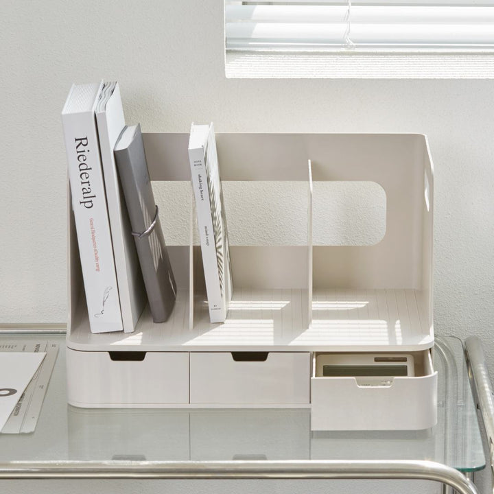 Sysmax | Olio Book Rack with 3 Compartments | 3  Drawers | Organiser| Beige
