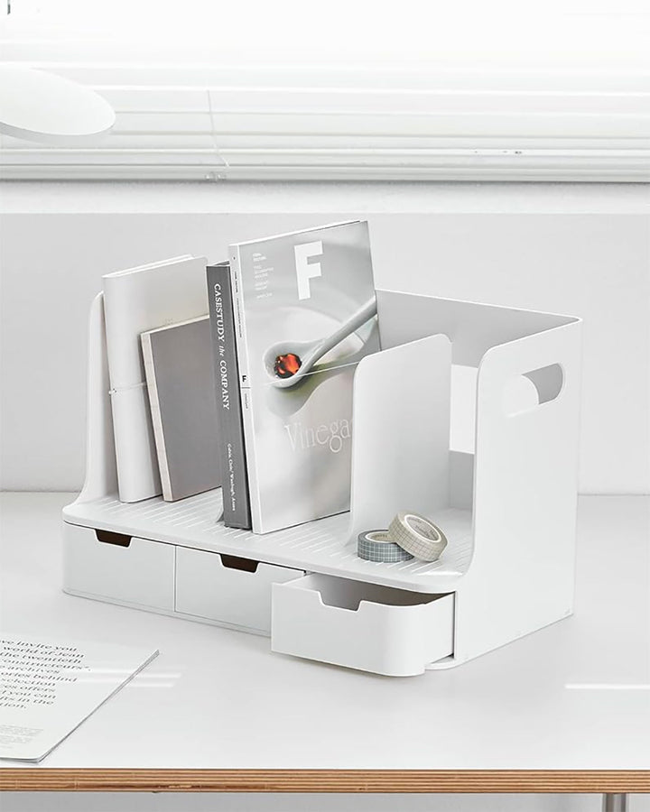 Sysmax | Olio Book Rack with 3 Compartments | 3 Drawers | Organiser | White