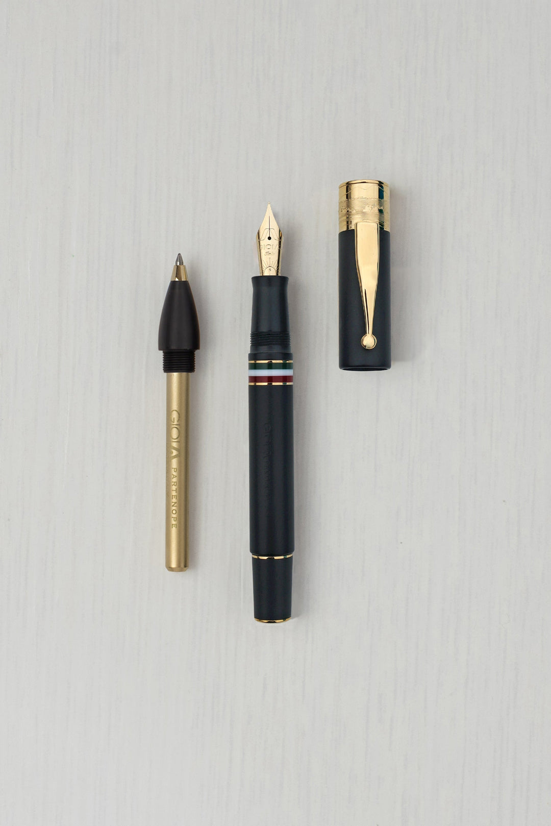 Gioia | Fountain Pen &amp; Rollerball Pen | Partenope | Black Sand | Gold Trims