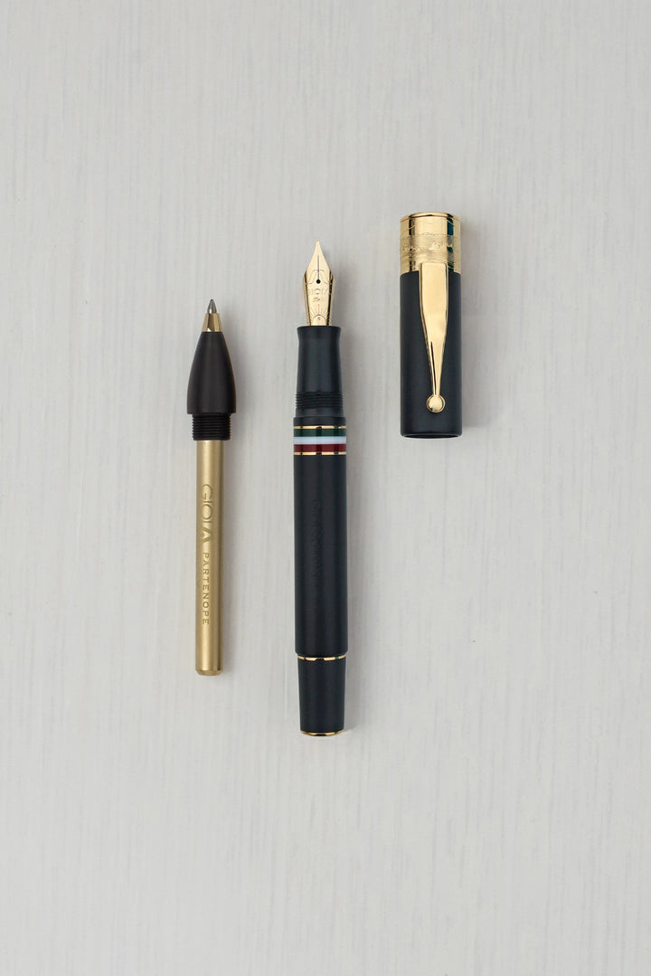 Gioia | Fountain Pen &amp; Rollerball Pen | Partenope | Black Sand | Gold Trims