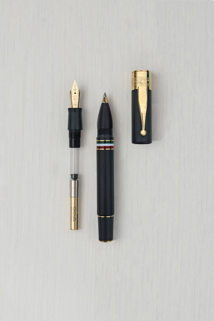 Gioia | Fountain Pen &amp; Rollerball Pen | Partenope | Black Sand | Gold Trims