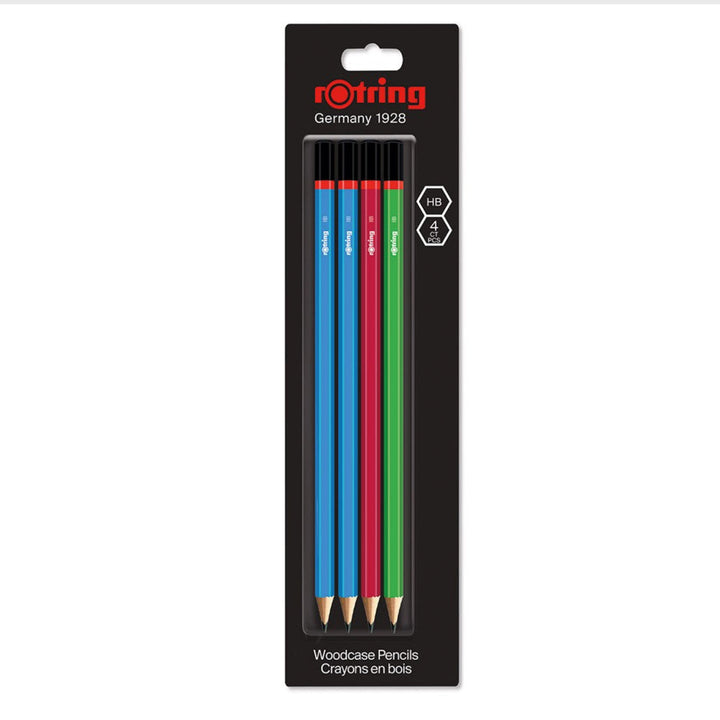 Rotring | Woodcase | HB Graphite Pencil | Core Assorted Colours | Blister Pack of 4 Wooden Pencils