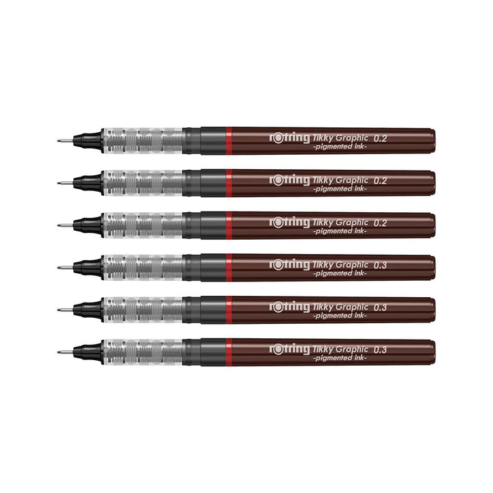 Rotring | Tikky | Graphic Fineliner | Black Pigment Lightfast | 0.2mm 0.3mm | 6 Pen Set | 3 Each