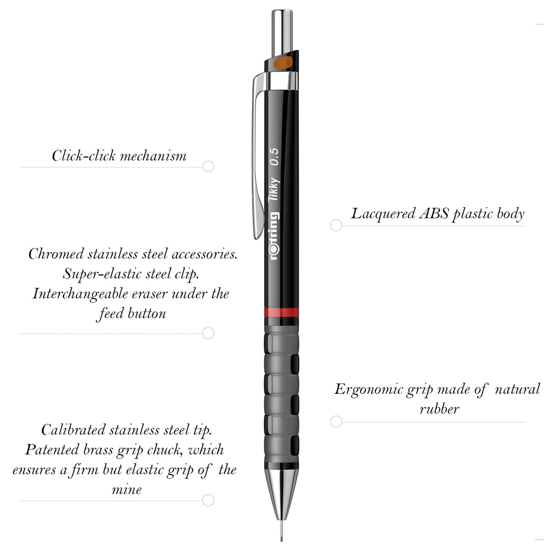 Rotring Tikky 0.5mm Mechanical Pencil – Black | HB Lead | Built - in Eraser - Aarcaai
