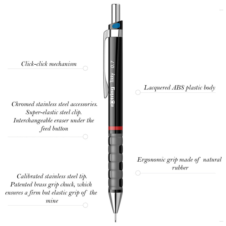 Rotring Tikky 0.7mm Mechanical Pencil – Black | HB Lead | Built - in Eraser - Aarcaai