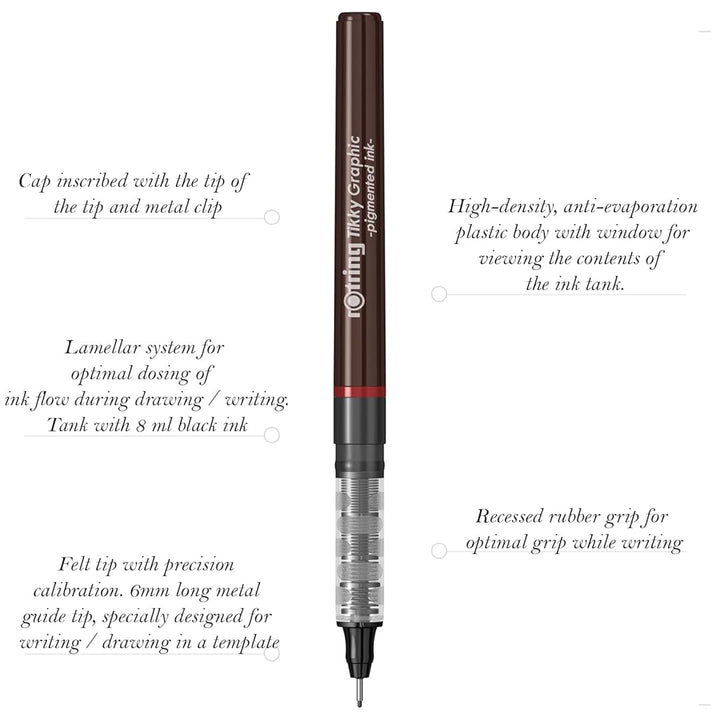 Rotring | Tikky | Graphic Fineliner | Black Pigment Lightfast | 0.1, 0.2 | 6 Pen Set | 3 Each