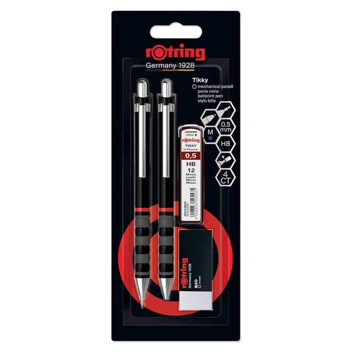 Rotring | Tikky | Mechanical Pencil, Ballpoint, Eraser &amp; Lead Refills Set | HB Lead, 0.5 mm Pencil | Medium Point Pen | Black Barrel | Lightweight with Rubberised Grip