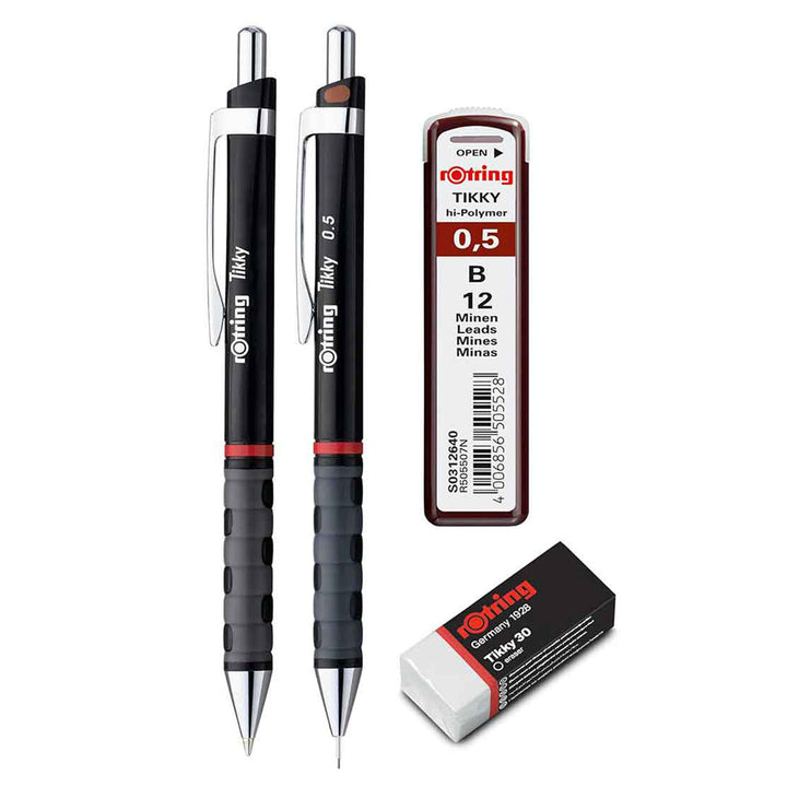 Rotring | Tikky | Mechanical Pencil, Ballpoint, Eraser &amp; Lead Refills Set | HB Lead, 0.5 mm Pencil | Medium Point Pen | Black Barrel | Lightweight with Rubberised Grip