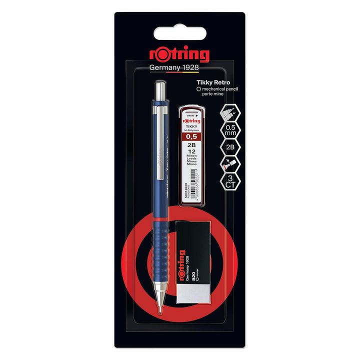 Rotring Tikky Retro Mechanical Pencil 0.5mm – Blue with 2B Leads + Tikky 30 Eraser