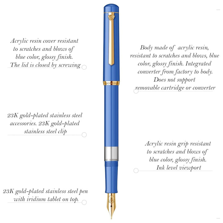 Scrikss | 419 Series | Piston Filler | Fountain Pen | 23K Gold Plated | Medium | Blue Acrylic
