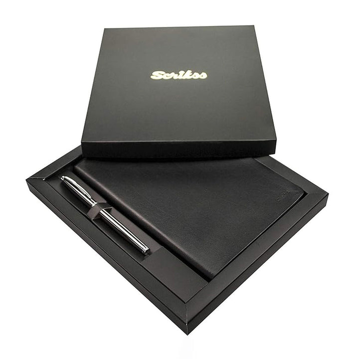 Scrikss | A5 Sundance Premium Notebook | 800 Rollerball Pen | Titanium Chrome | Gift Set | Black
