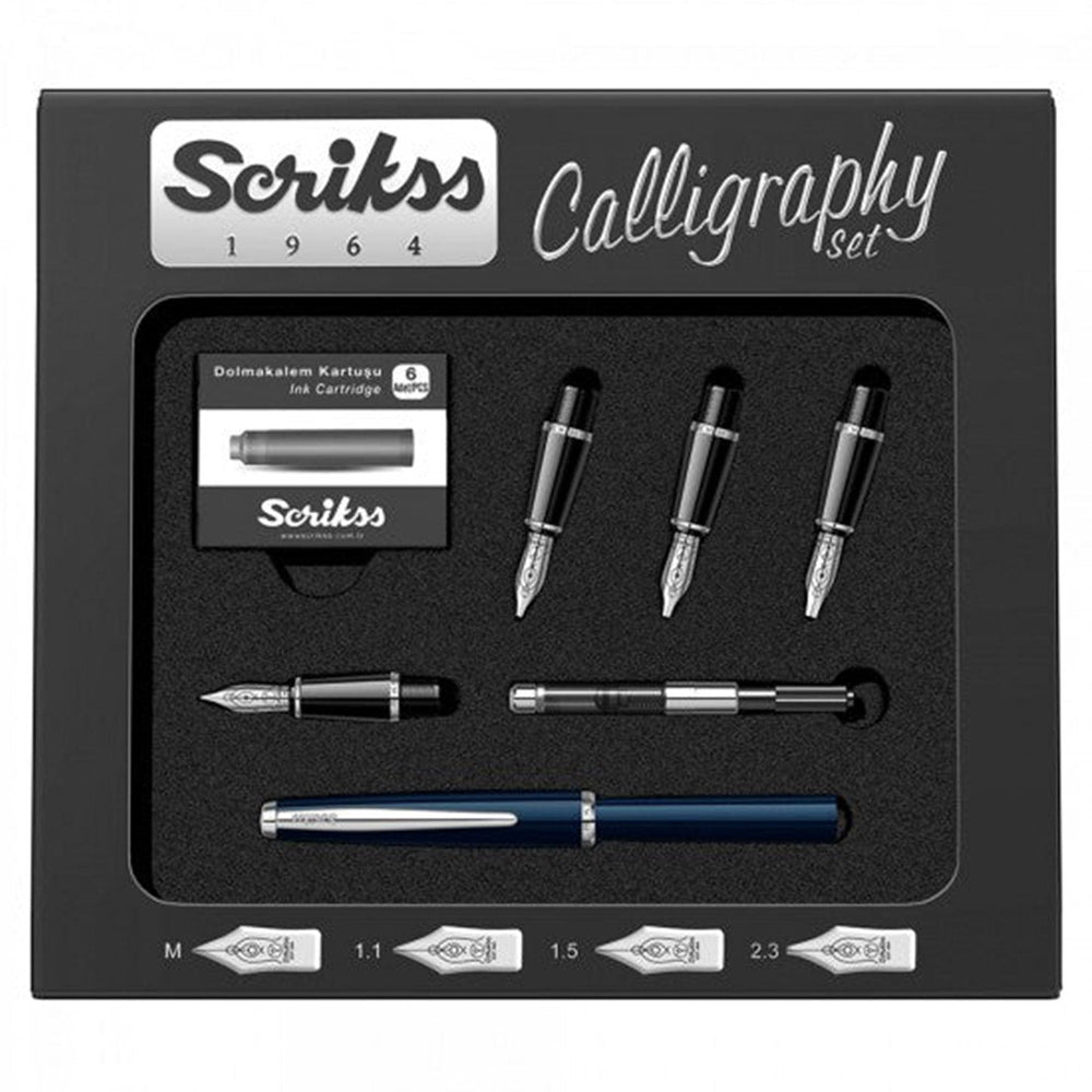 Scrikss calligraphy set with blue pen and nibs in a black box