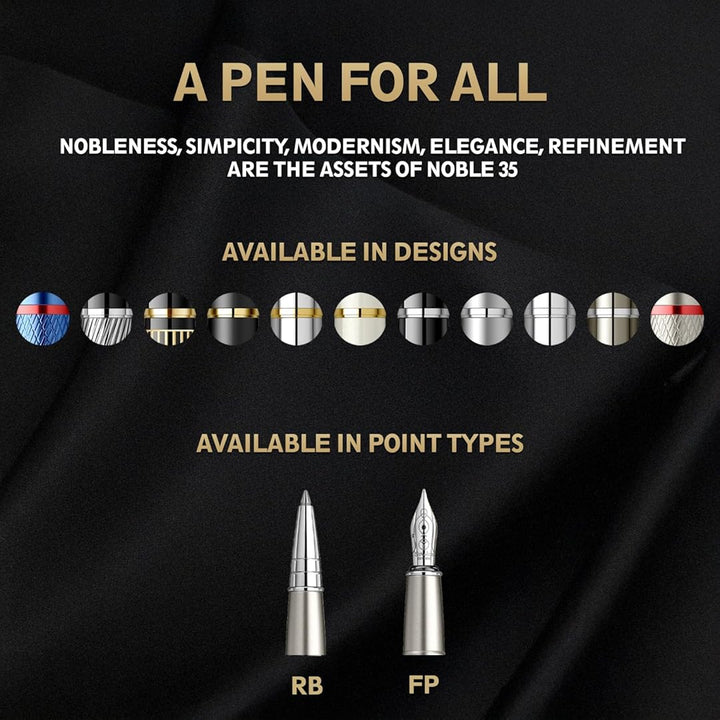 image showing all details and design variations and point types about scrikss noble 35 fountain pen