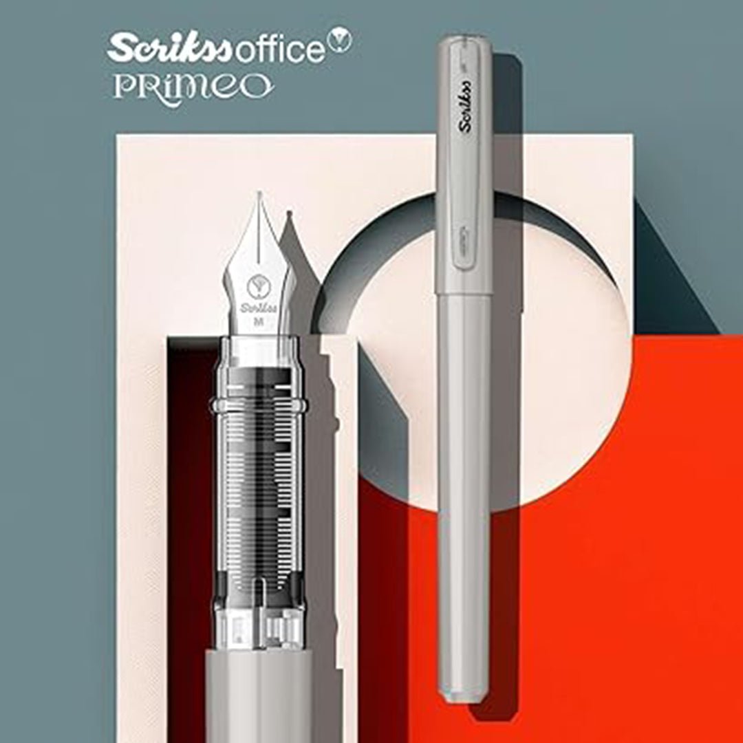 Scrikss Primeo Medium Nib Fountain Pen | 3 Cartridges Included | Stainless Steel Nib &amp; ABS Body | Grey | in Blister Pack - penpencilink