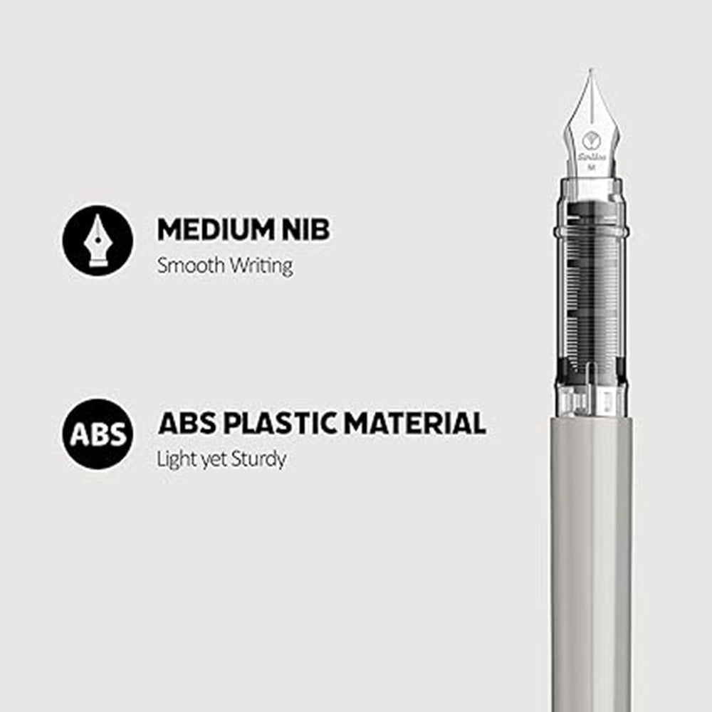 Scrikss Primeo Medium Nib Fountain Pen | 3 Cartridges Included | Stainless Steel Nib & ABS Body | Grey | in Blister Pack - penpencilink