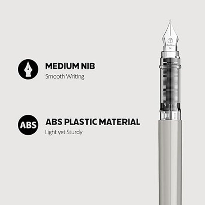 Scrikss Primeo Medium Nib Fountain Pen | 3 Cartridges Included | Stainless Steel Nib &amp; ABS Body | Grey | in Blister Pack - penpencilink