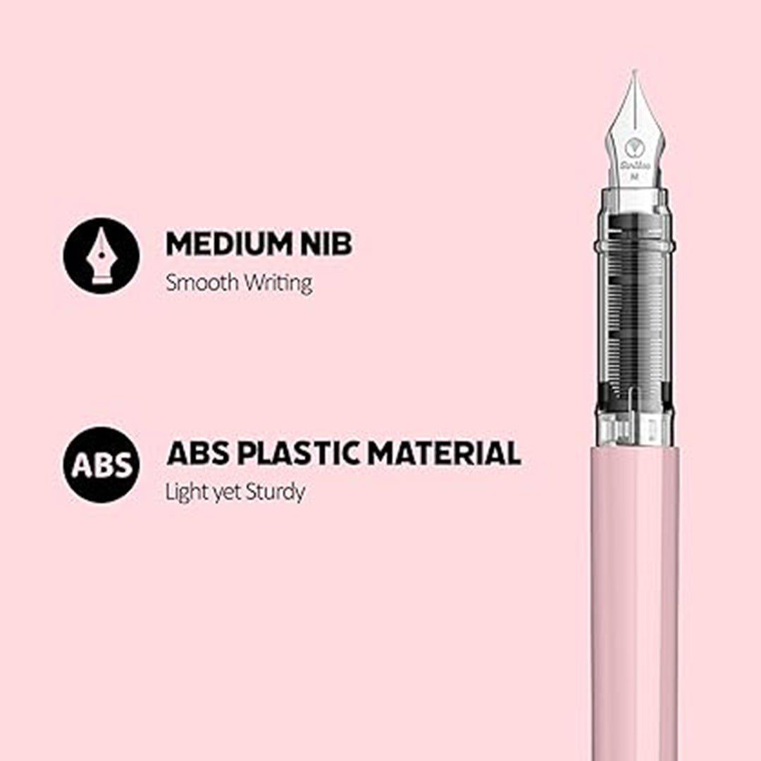 Scrikss Primeo Medium Nib Fountain Pen | 3 Cartridges Included | Stainless Steel Nib &amp; ABS Body | Pink | in Blister Pack - penpencilink