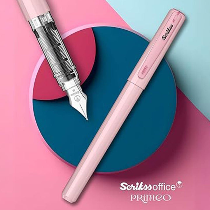 Scrikss Primeo Medium Nib Fountain Pen | 3 Cartridges Included | Stainless Steel Nib &amp; ABS Body | Pink | in Blister Pack - penpencilink
