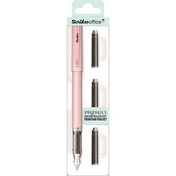 Scrikss Primeo Medium Nib Fountain Pen | 3 Cartridges Included | Stainless Steel Nib &amp; ABS Body | Pink | in Blister Pack - penpencilink