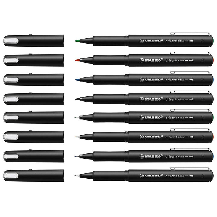 Stabilo | dr!ver Series | Premium Fineliner & Felt Tip | 32 Pens | Black, Blue, Red, Green
