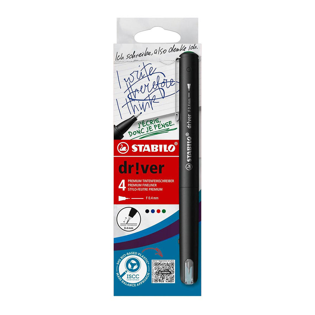 Stabilo | dr!ver Series | Premium Fineliner &amp; Felt Tip | Pack of 4 | 0.4 MM | Black, Blue, Green, Red
