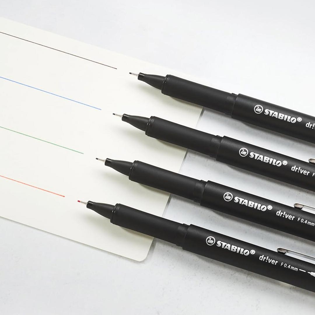 Stabilo | dr!ver Series | Premium Fineliner &amp; Felt Tip | Pack of 4 | 0.4 MM | Black, Blue, Green, Red