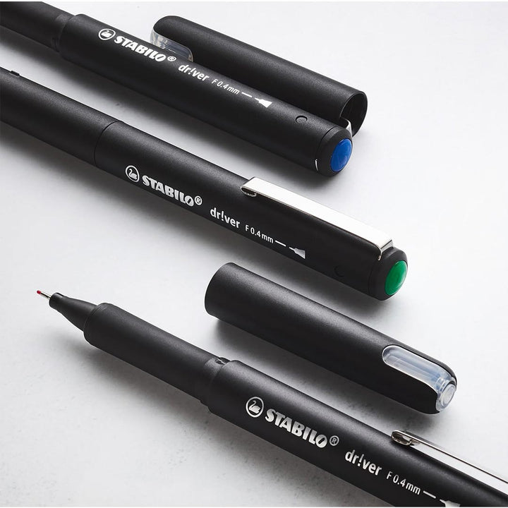 Stabilo | dr!ver Series | Premium Fineliner &amp; Felt Tip | Pack of 4 | 0.4 MM | Black, Blue, Green, Red