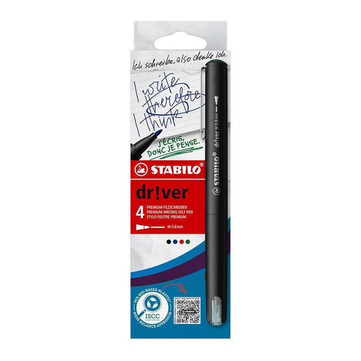 Stabilo | dr!ver Series | Premium Fineliner &amp; Felt Tip | Pack of 4 | 0.8 MM | Black, Blue, Green, Red