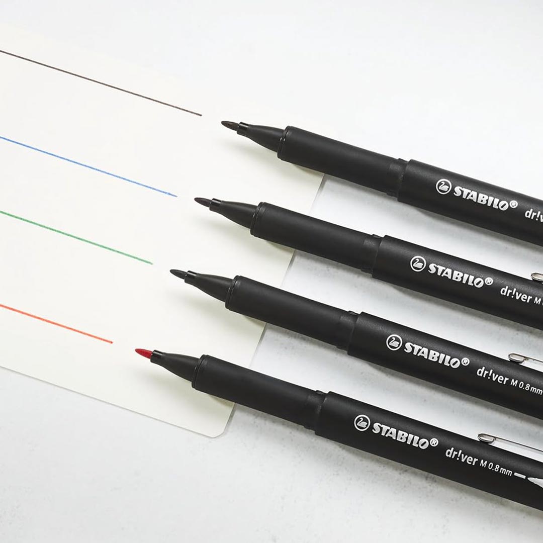 Stabilo | dr!ver Series | Premium Fineliner &amp; Felt Tip | Pack of 4 | 0.8 MM | Black, Blue, Green, Red