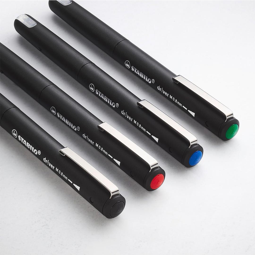 Stabilo | dr!ver Series | Premium Fineliner &amp; Felt Tip | Pack of 4 | 0.8 MM | Black, Blue, Green, Red